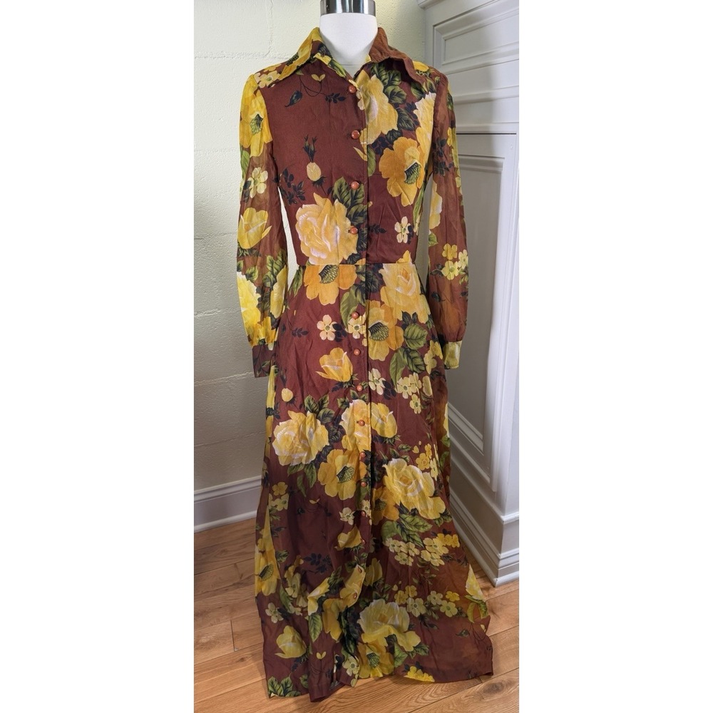 Vintage 70s Melissa Lane Floral Maxi Dress Brown Yellow Nylon Sheer Boho Sz 10